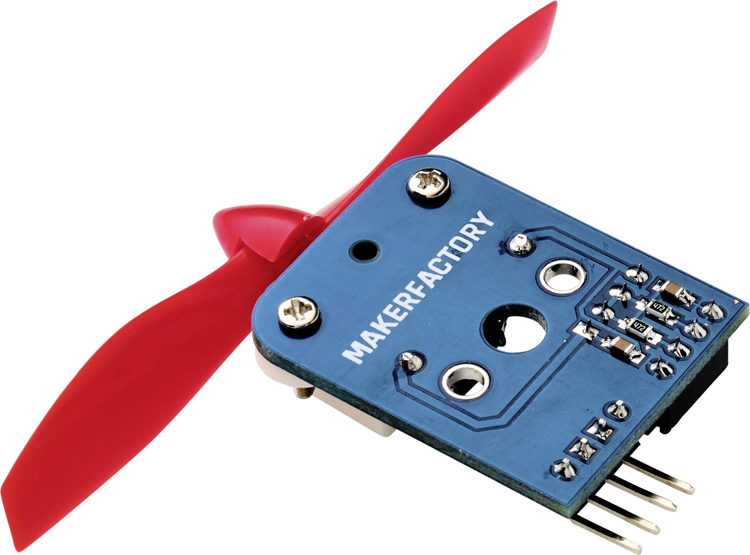 Moteur hélice bleu avec hélice rouge et connexions électroniques, portant l'étiquette 'MAKERFACTORY'. Utilisé dans des projets DIY.