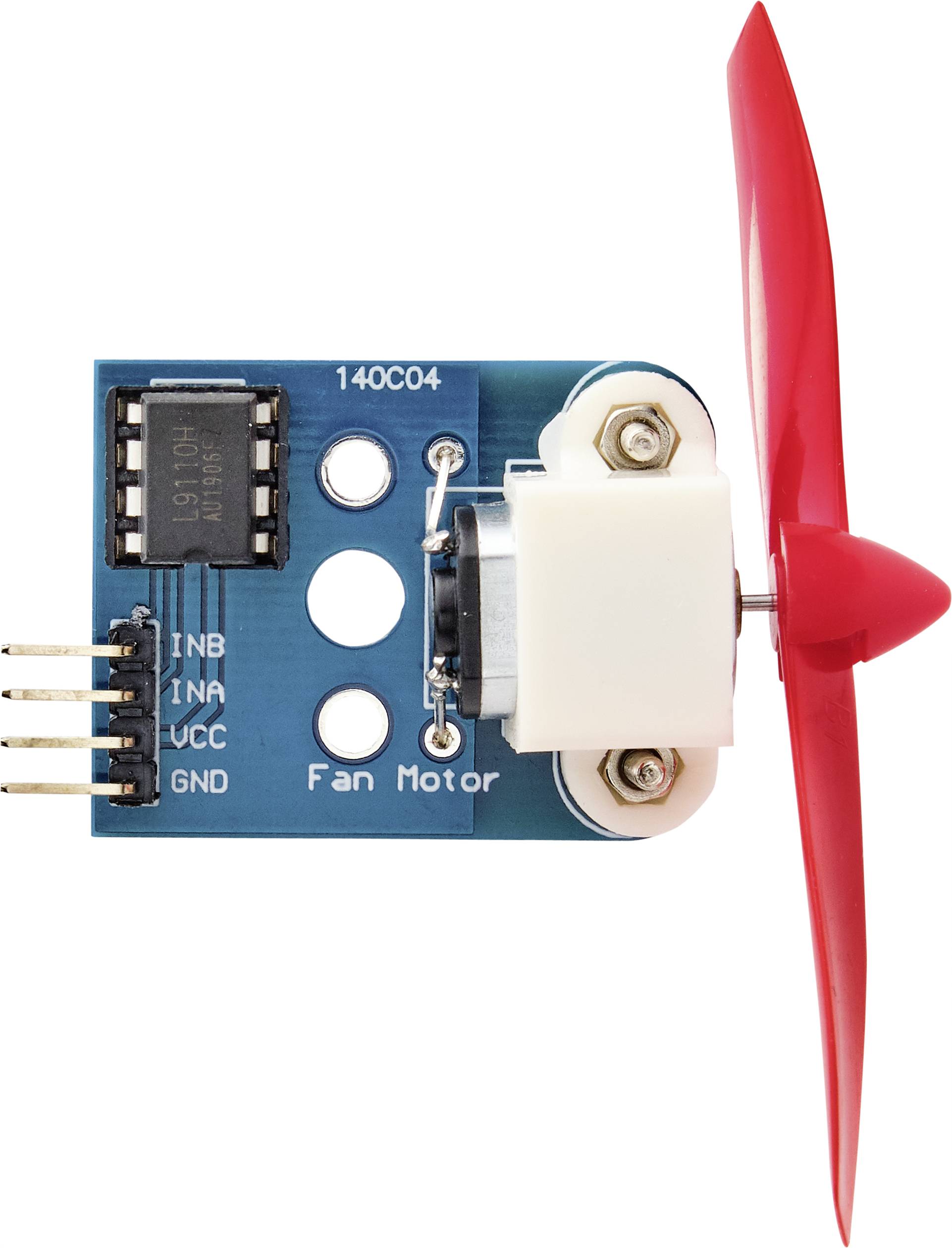 Module de moteur de ventilateur avec hélice rouge, carte électronique bleue et composants blancs. Marquages : INB, INA, VCC, GND.
