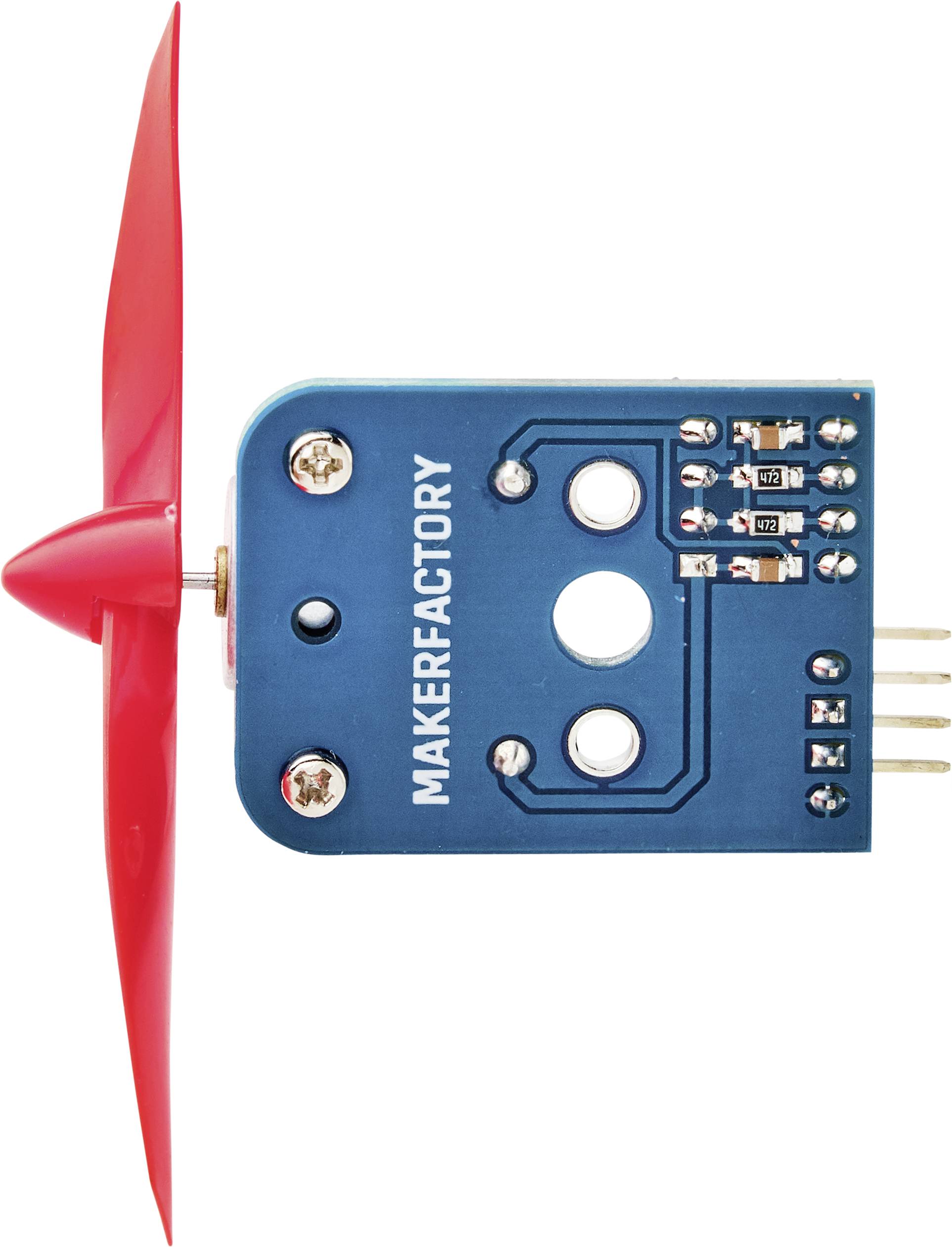 Un capteur électronique bleu avec un hélice rouge, portant l'inscription 'MAKERFACTORY'. Utilisé dans des projets électroniques pour mesurer le flux d'air.