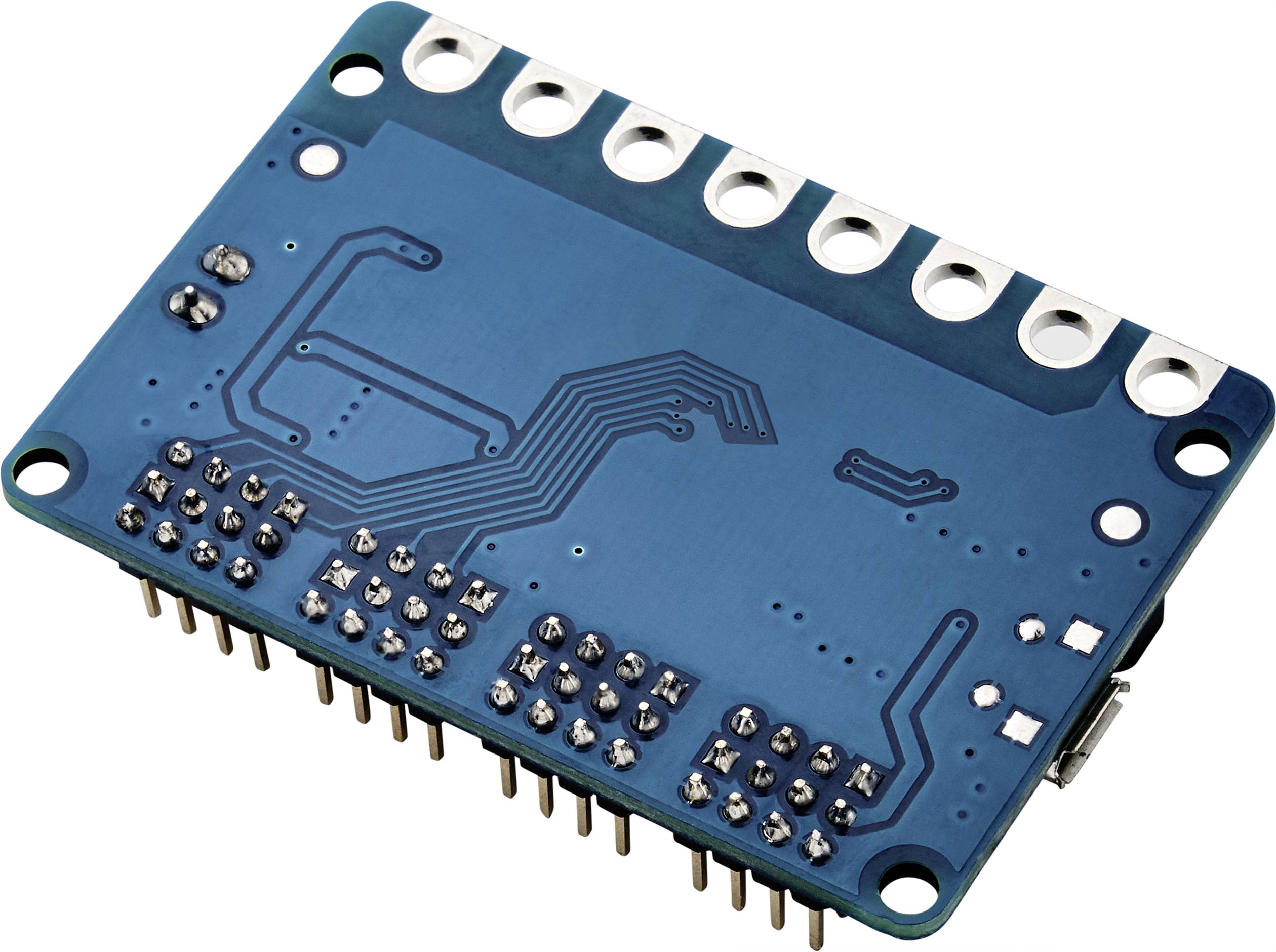 Un module électronique bleu avec plusieurs contacts et pistes argentés, utilisé pour commander des appareils.