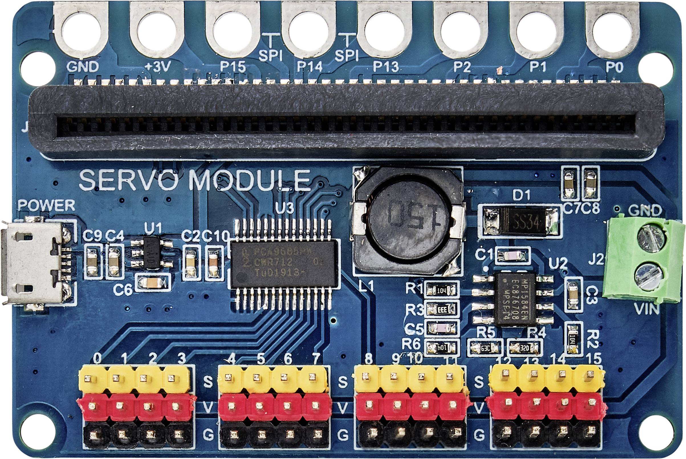 Un module servo bleu avec des connexions électriques et des composants tels qu'un microprocesseur et des condensateurs, utilisé pour les systèmes de commande.