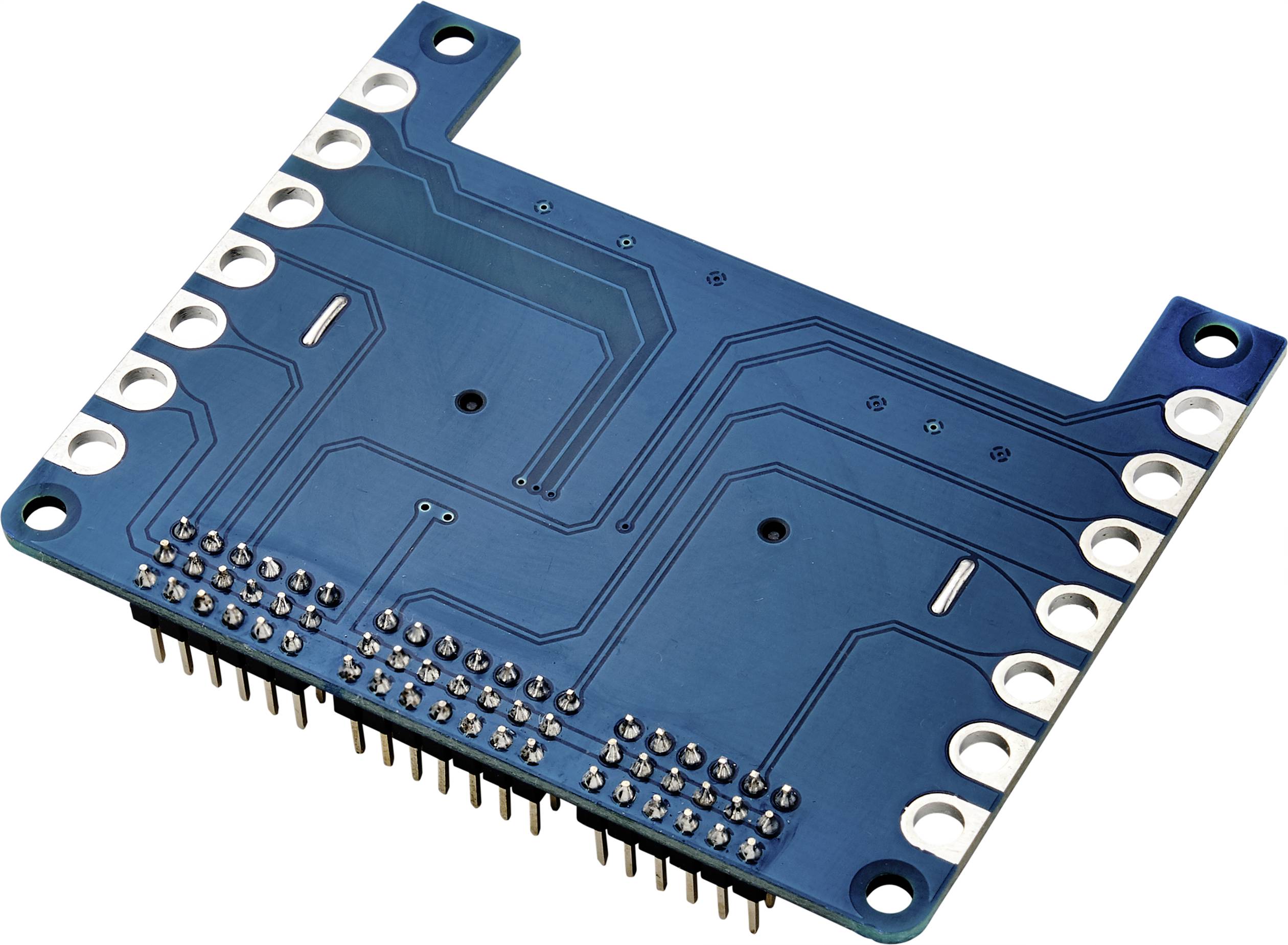 Circuit bleu sur carte électronique avec des pistes conductrices et des broches de connexion visibles, adapté aux applications électroniques.