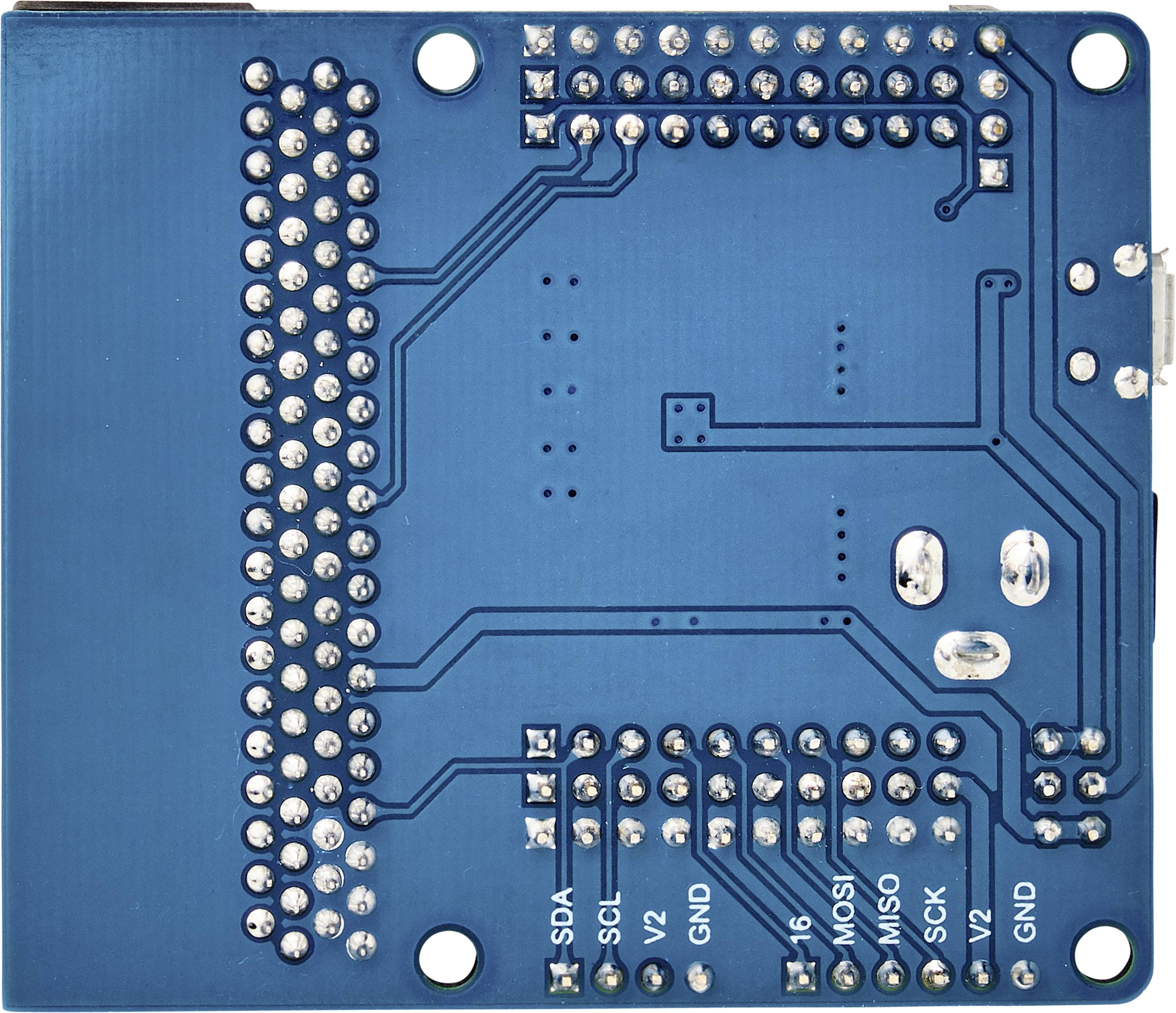 Verso d'une carte électronique bleue avec points de soudure et étiquettes pour connexions telles que SDA, SCL, VCC et GND.