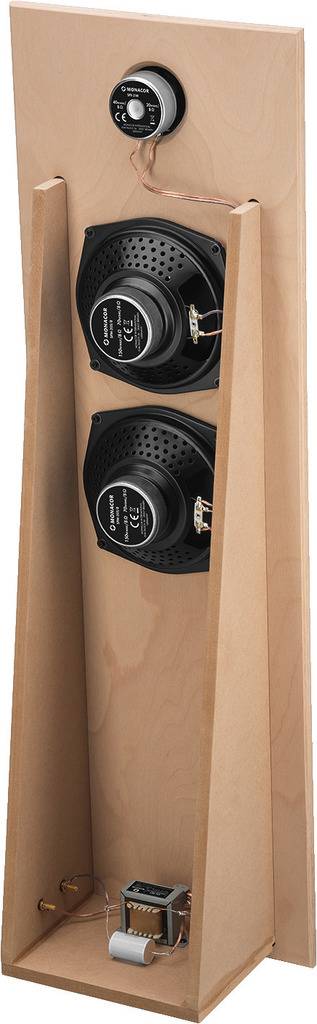 Enceinte en bois équipée de deux haut-parleurs ronds montés verticalement l'un au-dessus de l'autre, avec un filtre acoustique situé dans la partie inférieure du boîtier.