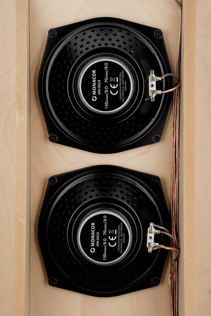Deux unités de haut-parleurs circulaires dans un boîtier en bois, avec des spécifications techniques marquées et des câbles connectés.