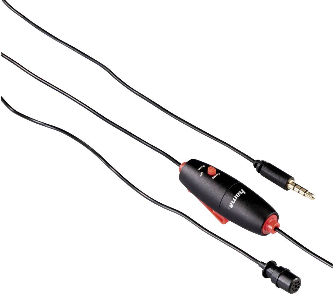 Câble de casque mains libres noir et rouge avec fiche jack de 3,5 mm, microphone et contrôle de volume intégré.