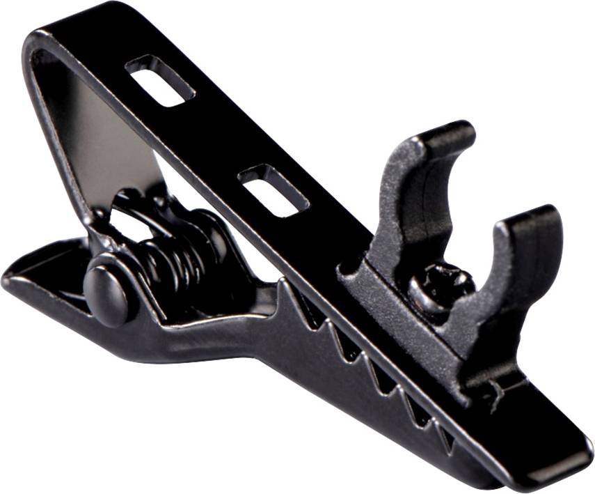 Clip noir avec une pince à ressort, adapté pour fixer des objets ou des câbles.