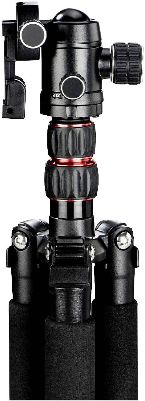 Trépied noir avec rotule réglable et accents rouges, adapté aux appareils photo et smartphones.