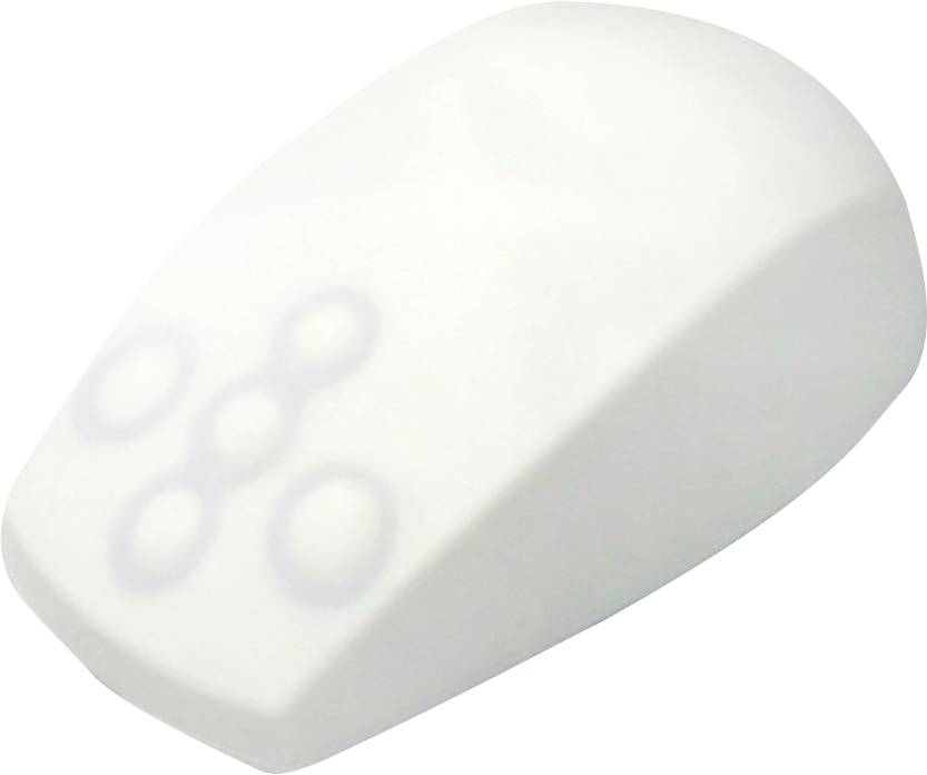 Souris d'ordinateur blanche sans fil avec quatre boutons sur le dessus, conçue dans un style simple et minimaliste.