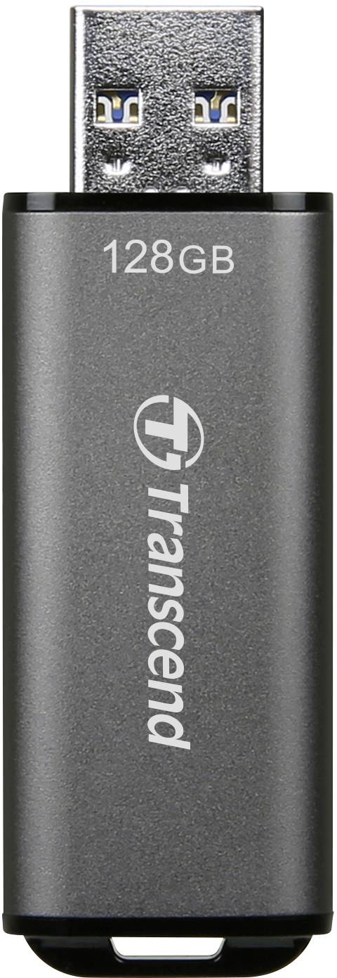 Clé USB de Transcend avec une capacité de stockage de 128 Go, boîtier métallique et connecteur USB apparent.