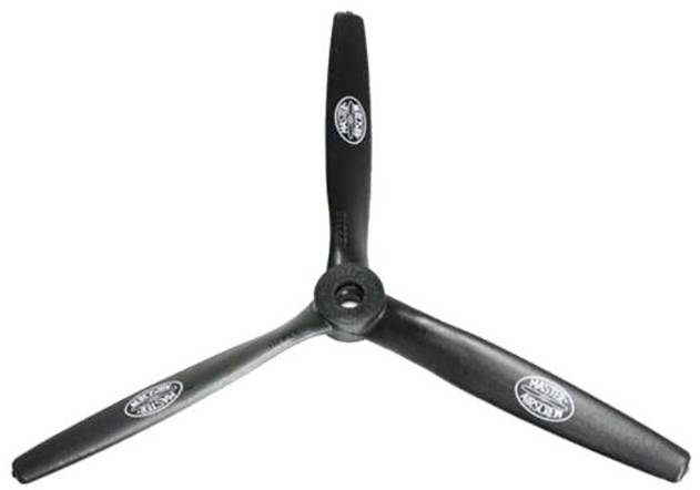 Un hélice noir à trois pales avec l'inscription 'MASTR AIRSCREW' sur chaque pale. Adapté pour les modèles réduits d'avions.