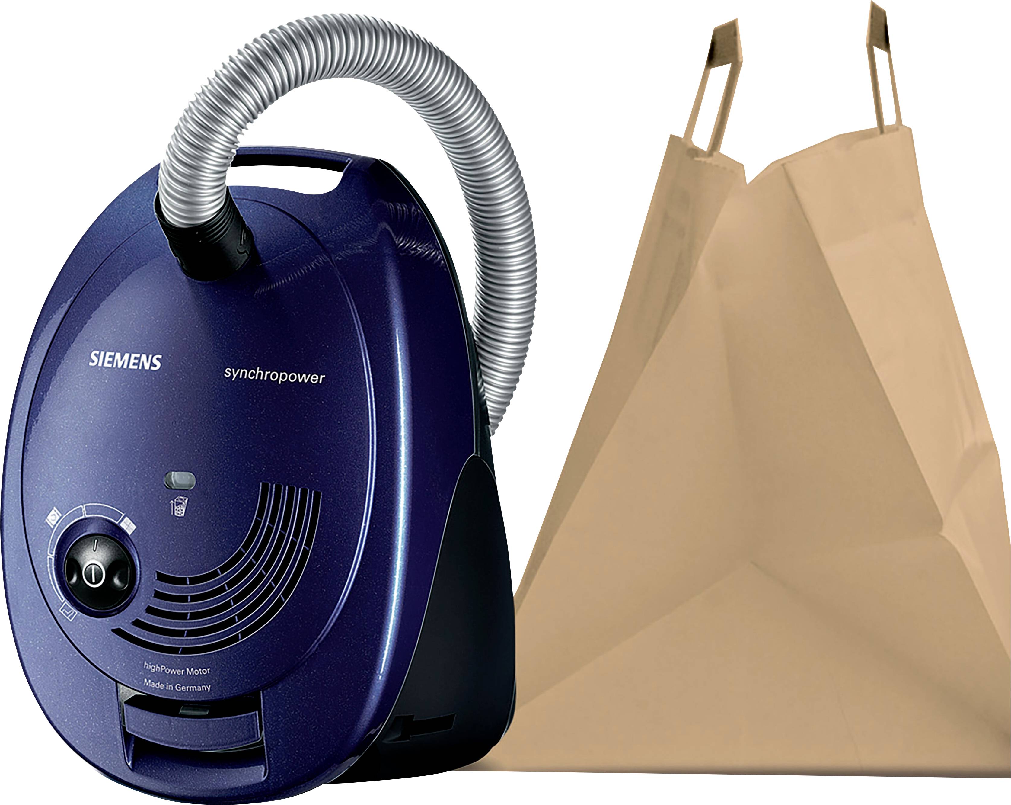 Aspirateur de la marque Siemens avec un long tuyau et un sac en papier brun à côté.