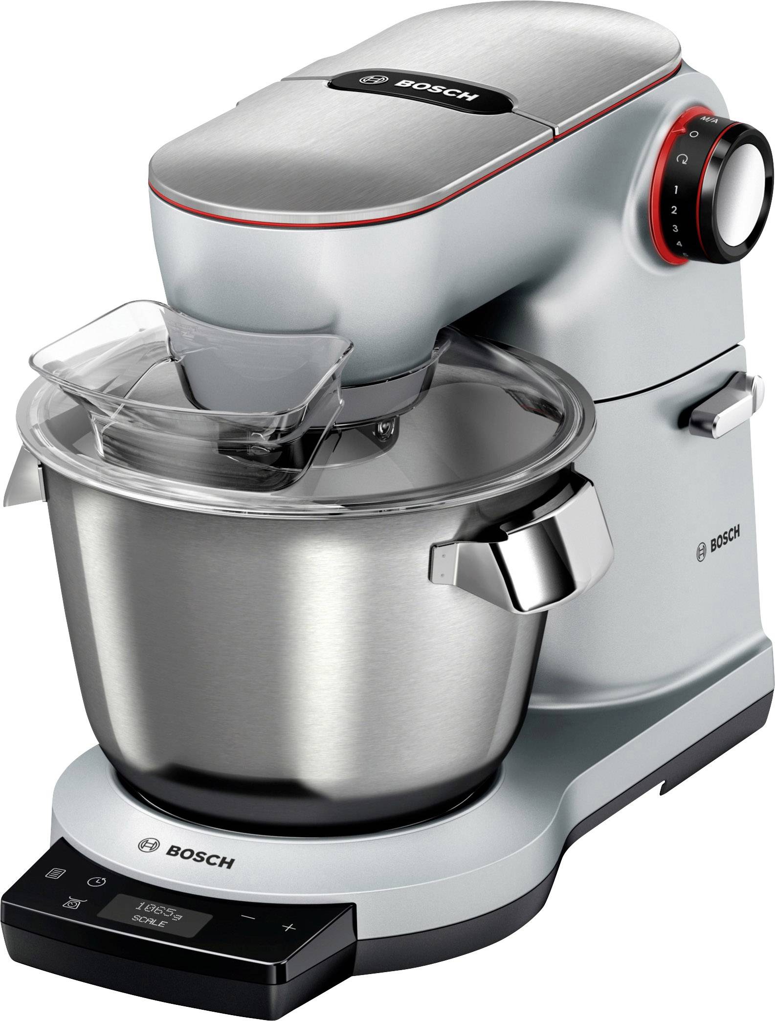 Machine à pétrir argentée avec système de bol, molette de réglage et écran tactile. Marque Bosch.