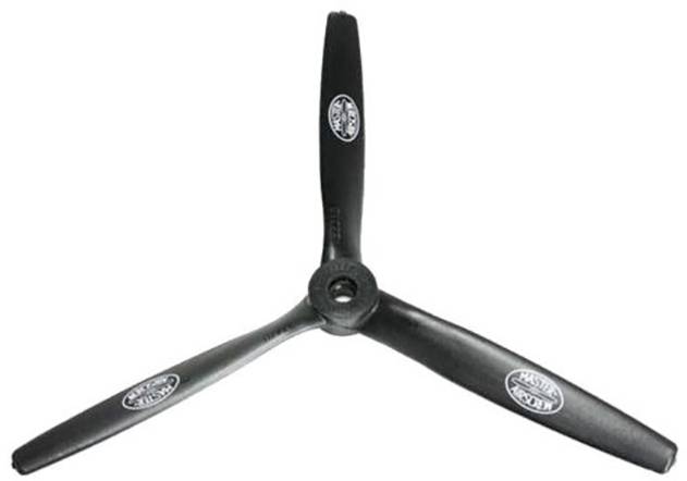 Hélice à trois pales noires avec logo de marque sur chaque pale. L'hélice est en plastique et convient au modélisme ou aux drones.