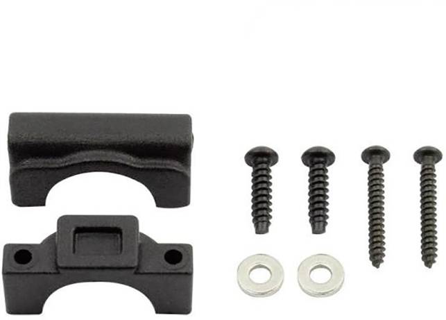 Un ensemble de supports de câbles noirs avec quatre vis et deux rondelles, adapté pour la fixation de câbles sur des murs.