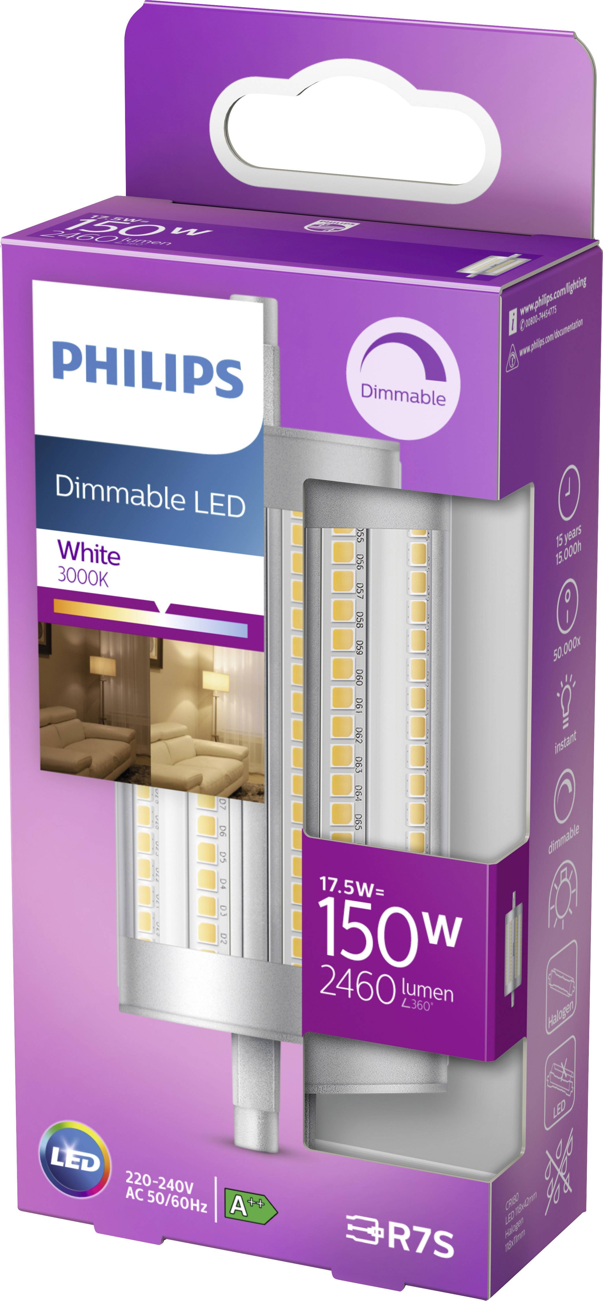 'Philips LED dimmable, 17,5W, remplace 150W, 2460 lumens, 3000K, blanc chaud. Classe énergétique A++. Emballage avec image de la lampe et de l'espace de vie.'