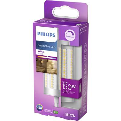 'Philips LED dimmable, 17,5W, remplace 150W, 2460 lumens, 3000K, blanc chaud. Classe énergétique A++. Emballage avec image de la lampe et de l'espace de vie.'