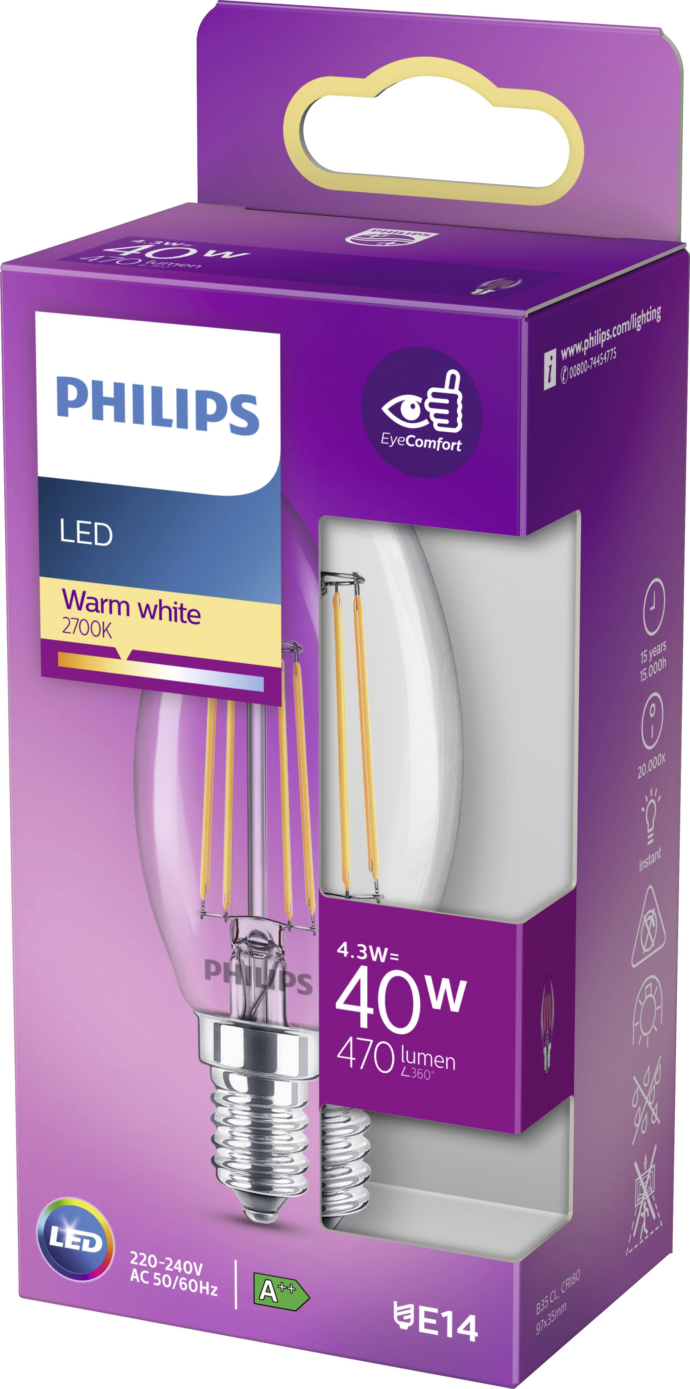 Ampoule LED Philips, blanc chaud, 2700K, E14, 4,3W équivalent 40W, 470 lumens, classe énergétique A+, emballage avec illustration de l'ampoule.