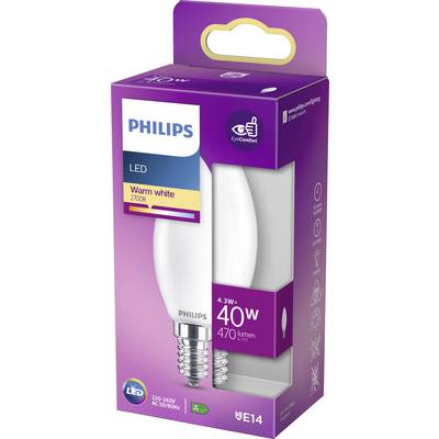 Une ampoule LED Philips, blanc chaud, 4,3W, équivalent 40W, 470 lumens, culot E14, économe en énergie (A+).