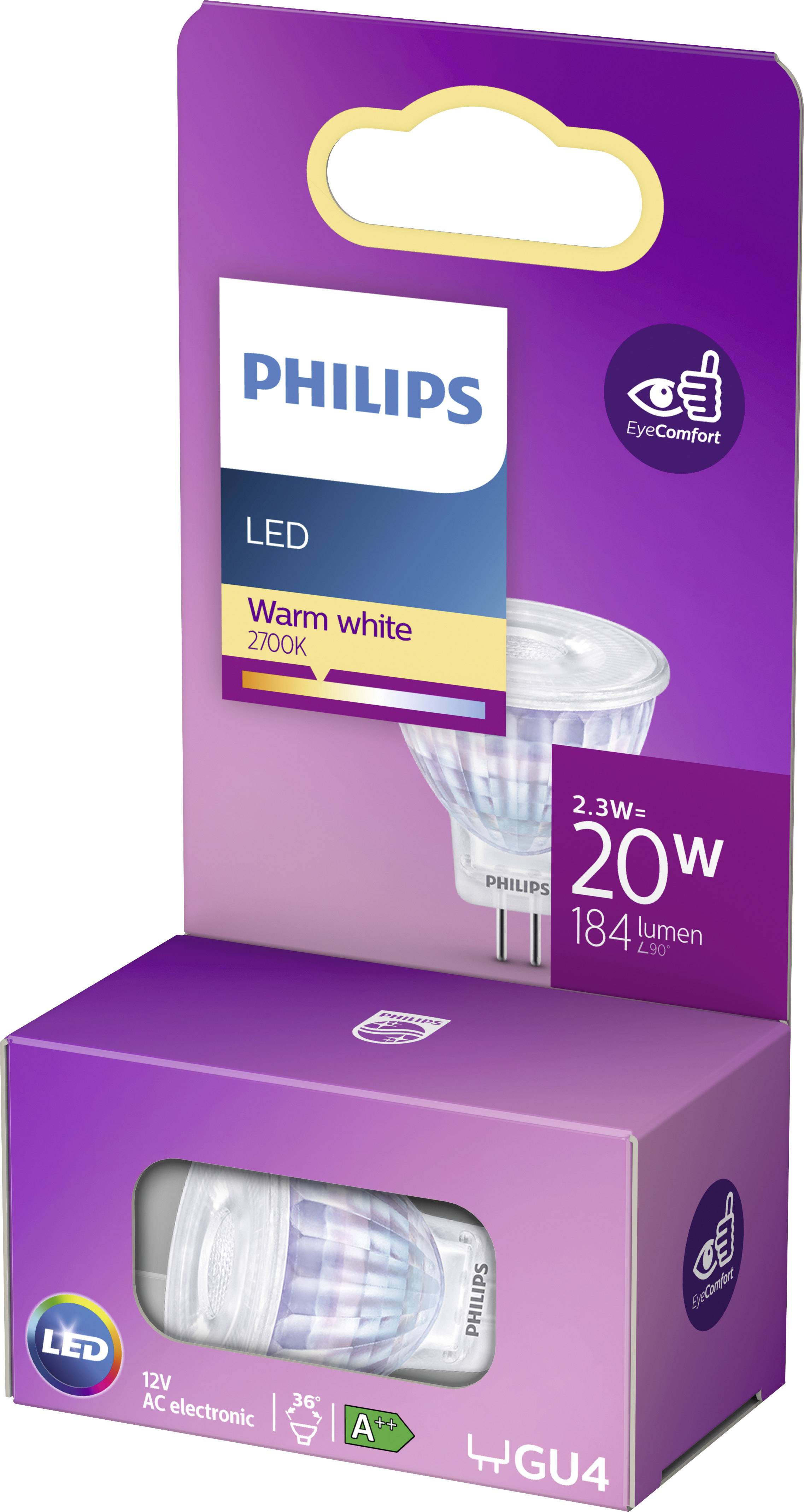Lampe LED de Philips, culot GU4, lumière blanc chaud (2700K), 20 watts, 184 lumens, économe en énergie (A+), emballage violet.