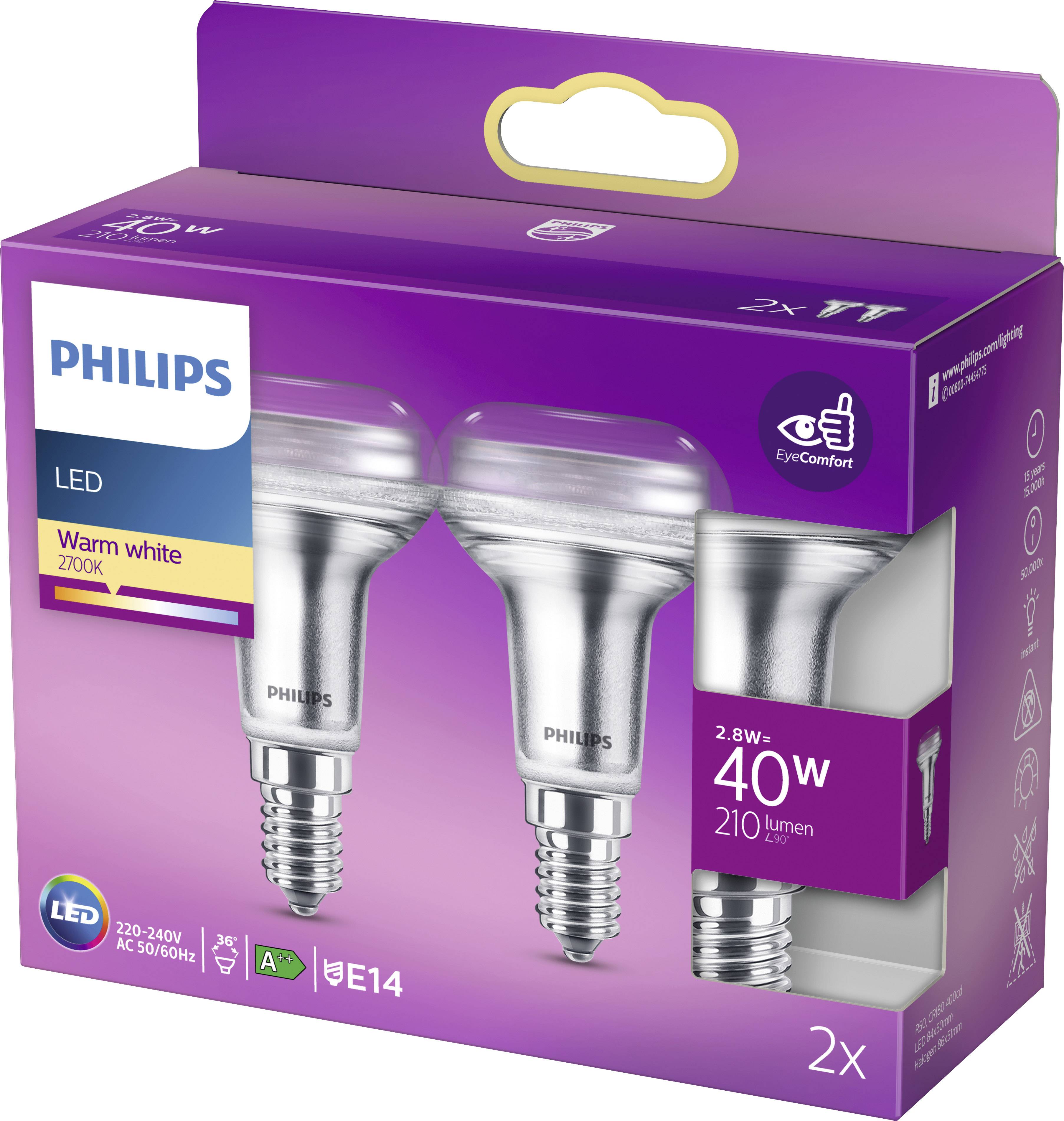 Deux ampoules LED Philips en emballage violet, adaptées aux douilles E14, 2,8W, remplaçant 40W, avec un éclairage blanc chaud de 2700K, 210 lumens.