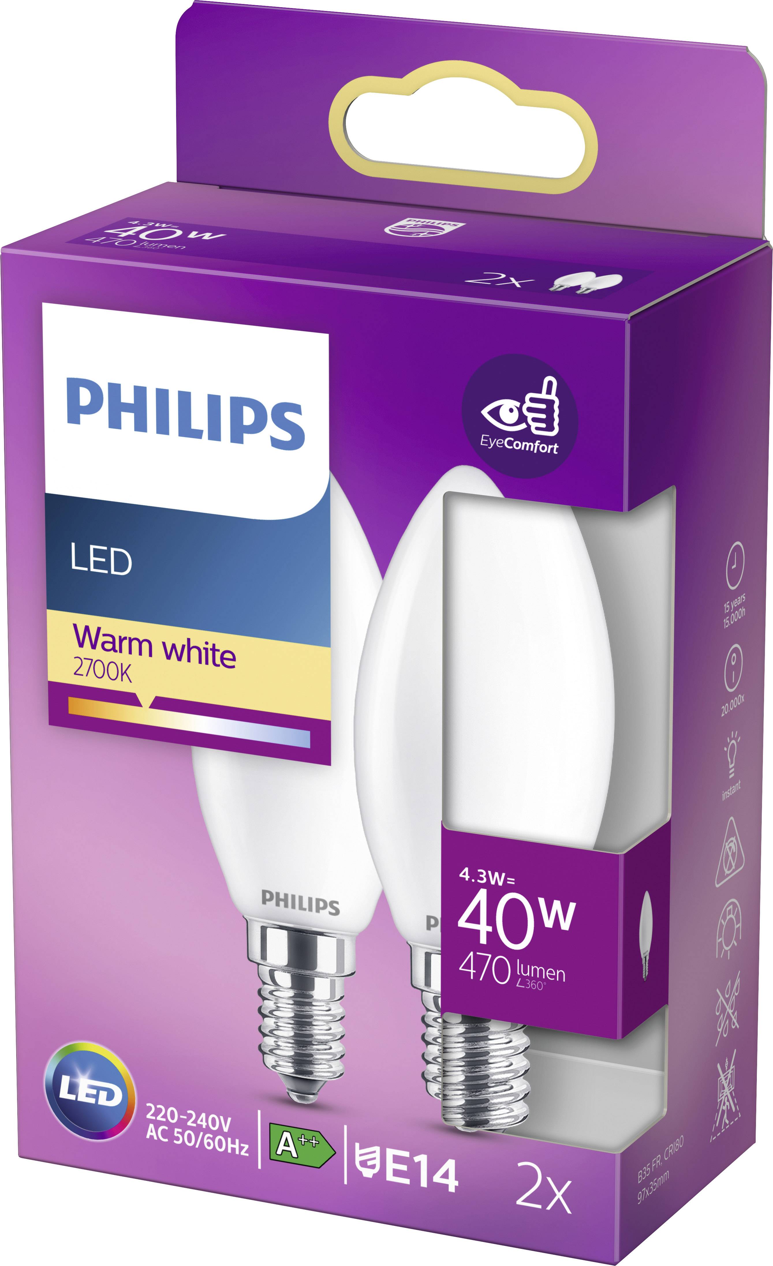 Pack de 2 ampoules LED Philips, lumière chaude, 4,3 W, équivalent 40 W, culot E14, classe énergétique A+, 470 lumens, pour le confort des yeux.