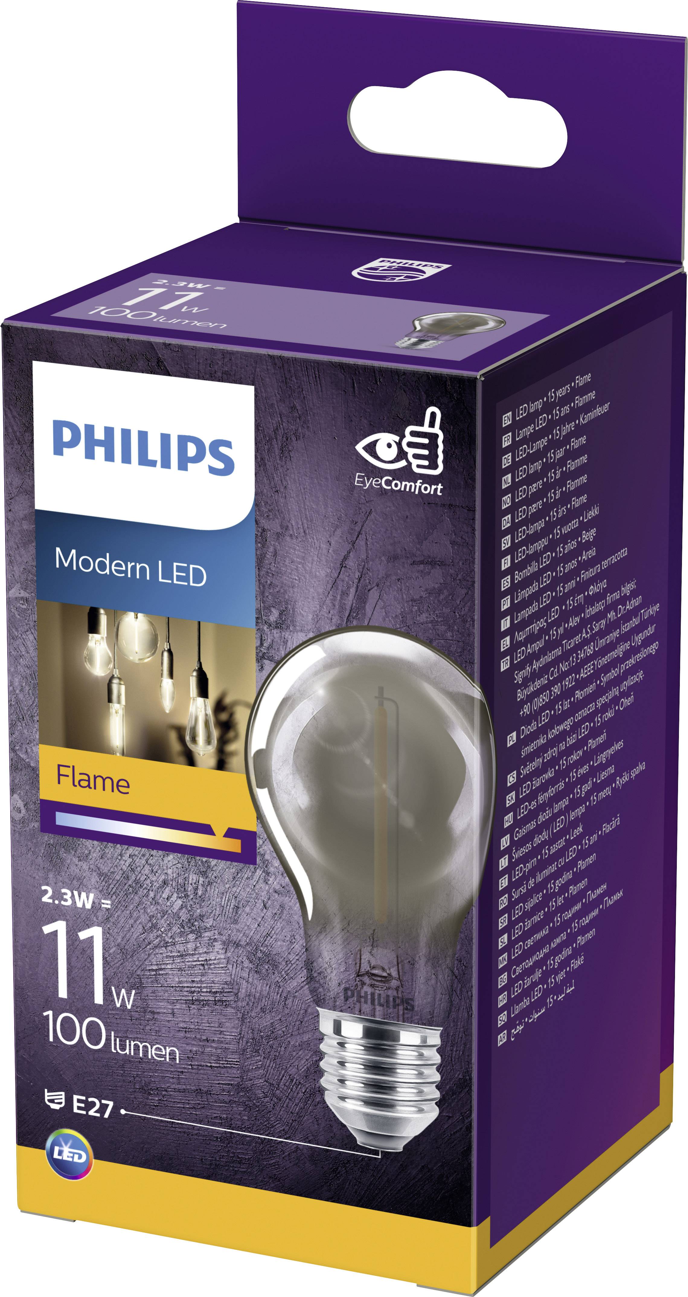 Emballage d'une ampoule LED Philips Modern Flame, 2,3W, équivalent 11W, 100 lumens, culot E27, avec une lumière agréable pour un confort visuel.