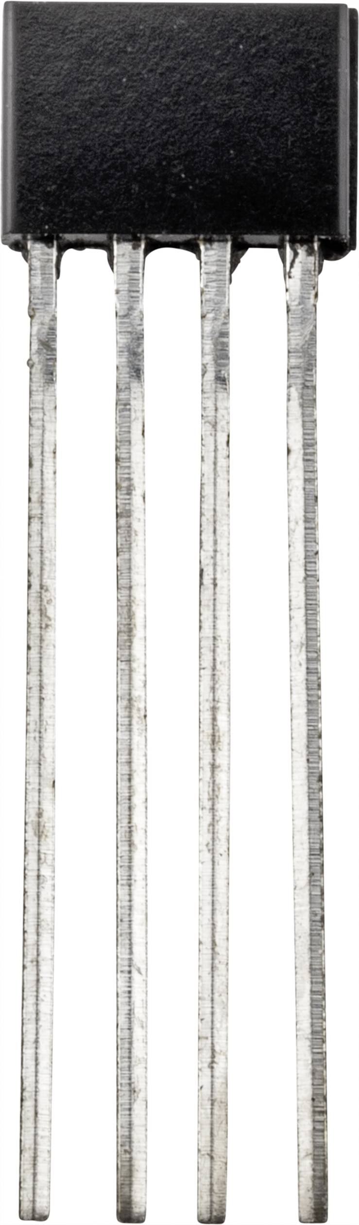 Un composant électronique noir rectangulaire avec quatre fils de connexion argentés qui pendent vers le bas.