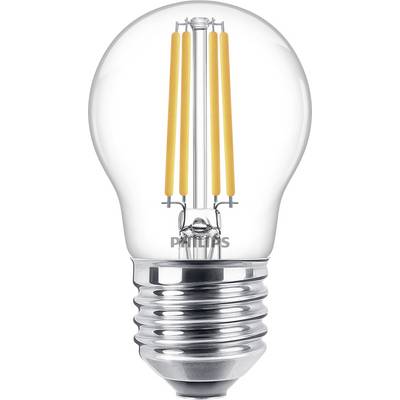 Ampoule LED de forme classique avec filaments jaunes apparents et douille argentée.