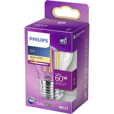 Ampoule LED Philips, lumière blanc chaud 2700K, 6,5W équivalent 60W, 806 lumens, culot E27, classe énergétique A+, sur emballage violet.