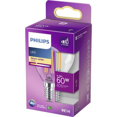 Emballage d'une ampoule LED Philips, 6,5W (remplace 60W), blanc chaud, 806 lumens, culot E14, classe énergétique A+, adaptée à l'éclairage d'ambiance.