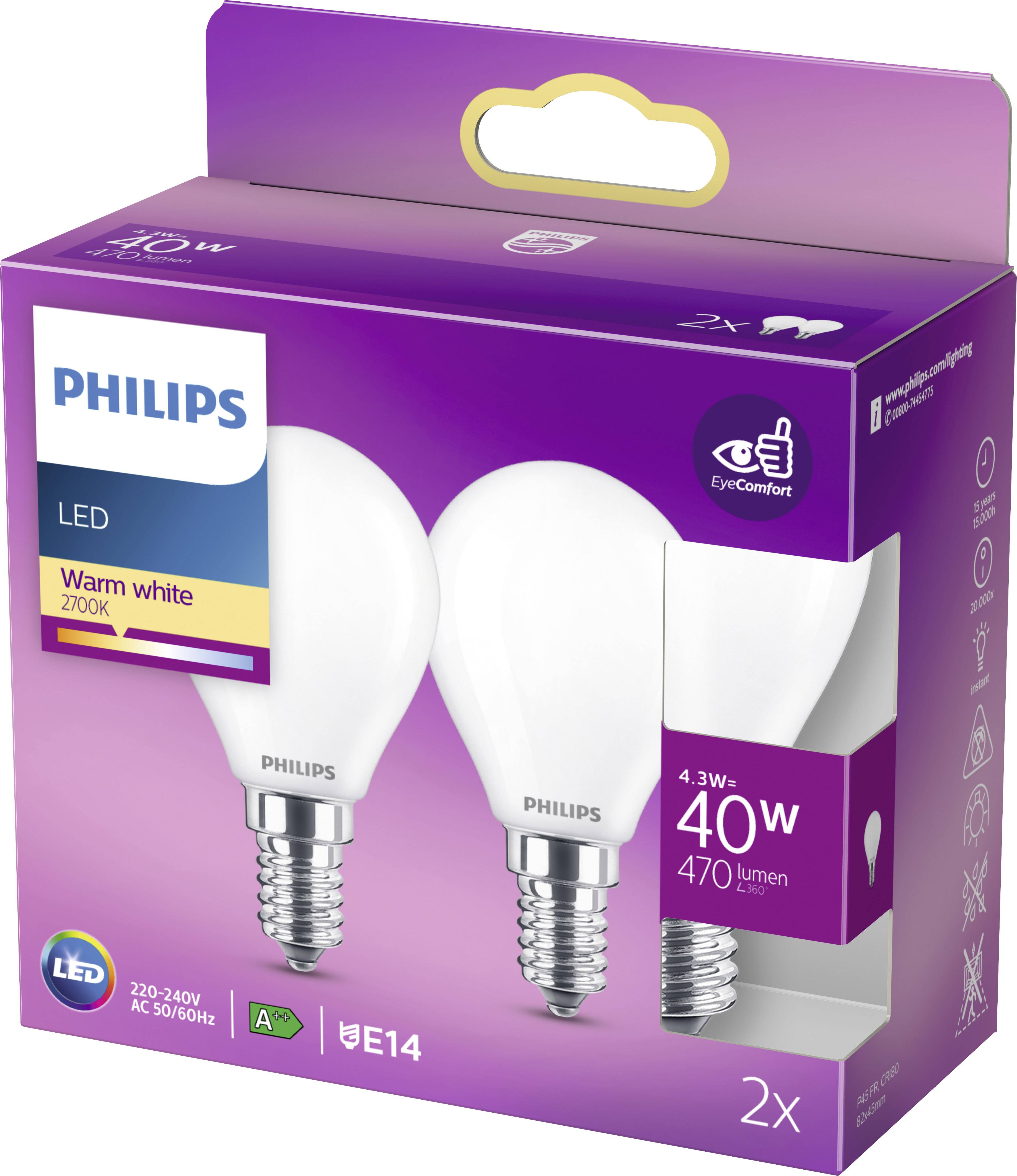 Deux ampoules LED Philips dans un emballage violet, 4,3 watts et 470 lumens, blanc chaud (2700K), culot E14, économes en énergie.