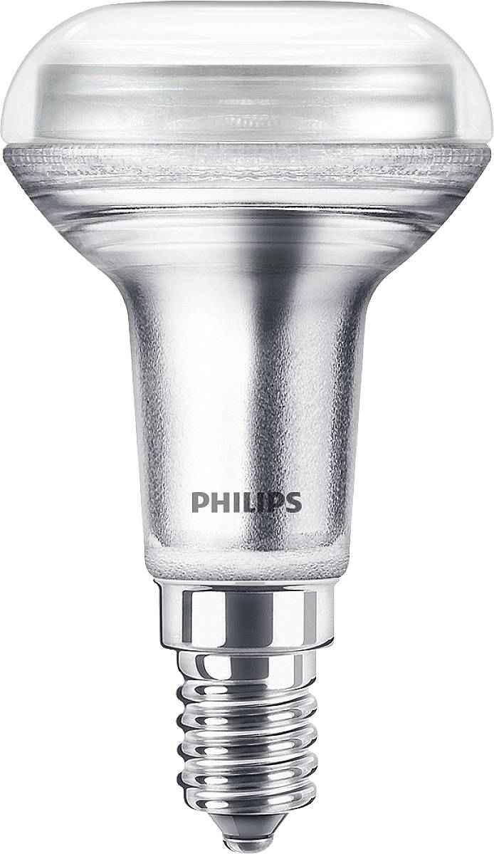 Lampe LED de Philips avec socle argenté et surface mate, adaptée à un éclairage économe en énergie pour les espaces de vie ou de travail.