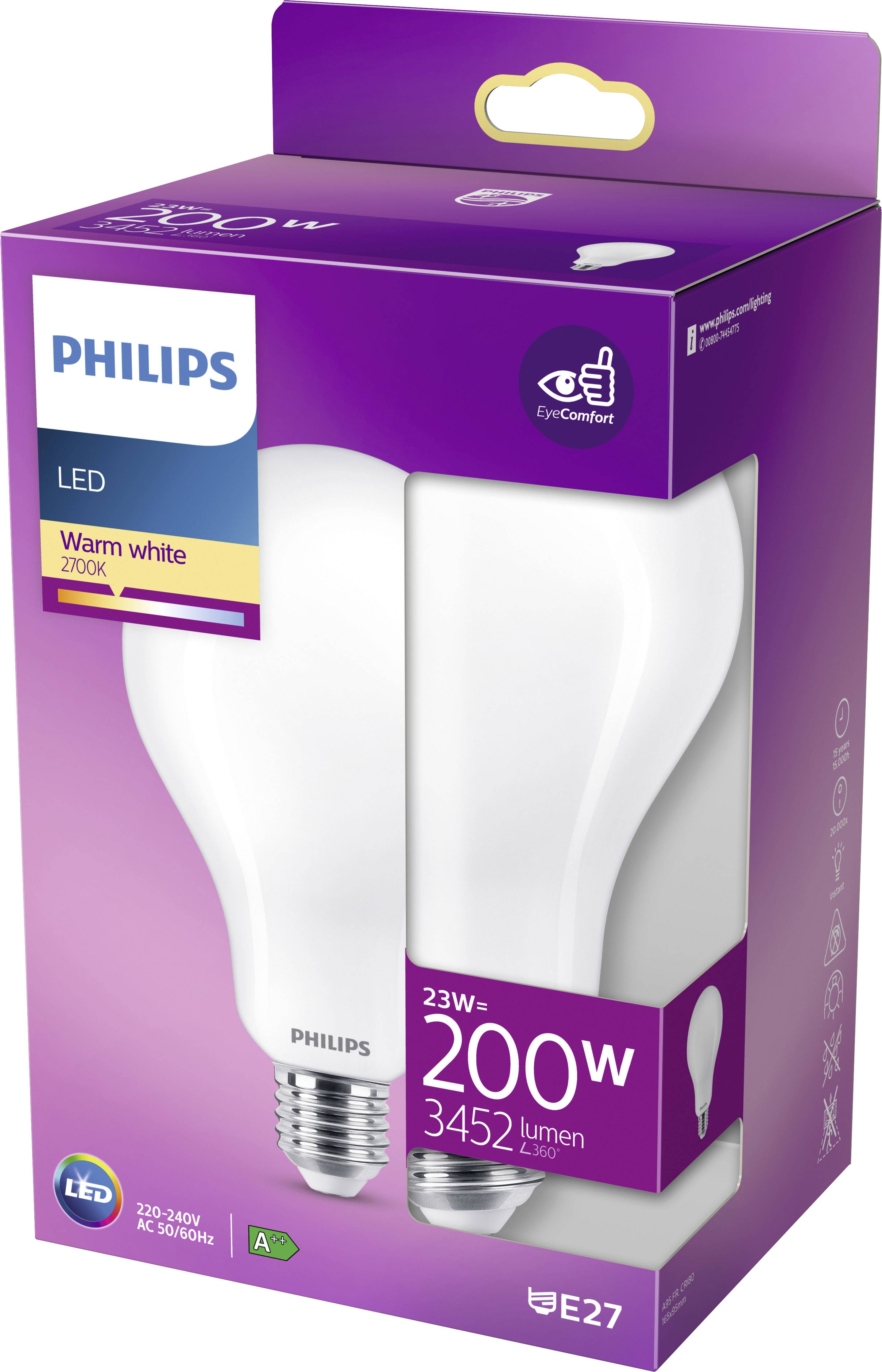Ampoule LED Philips en emballage violet. Inscription : « Blanc chaud 2300K », 23W, Remplacement 200W, 3452 lumens, Culot E27.