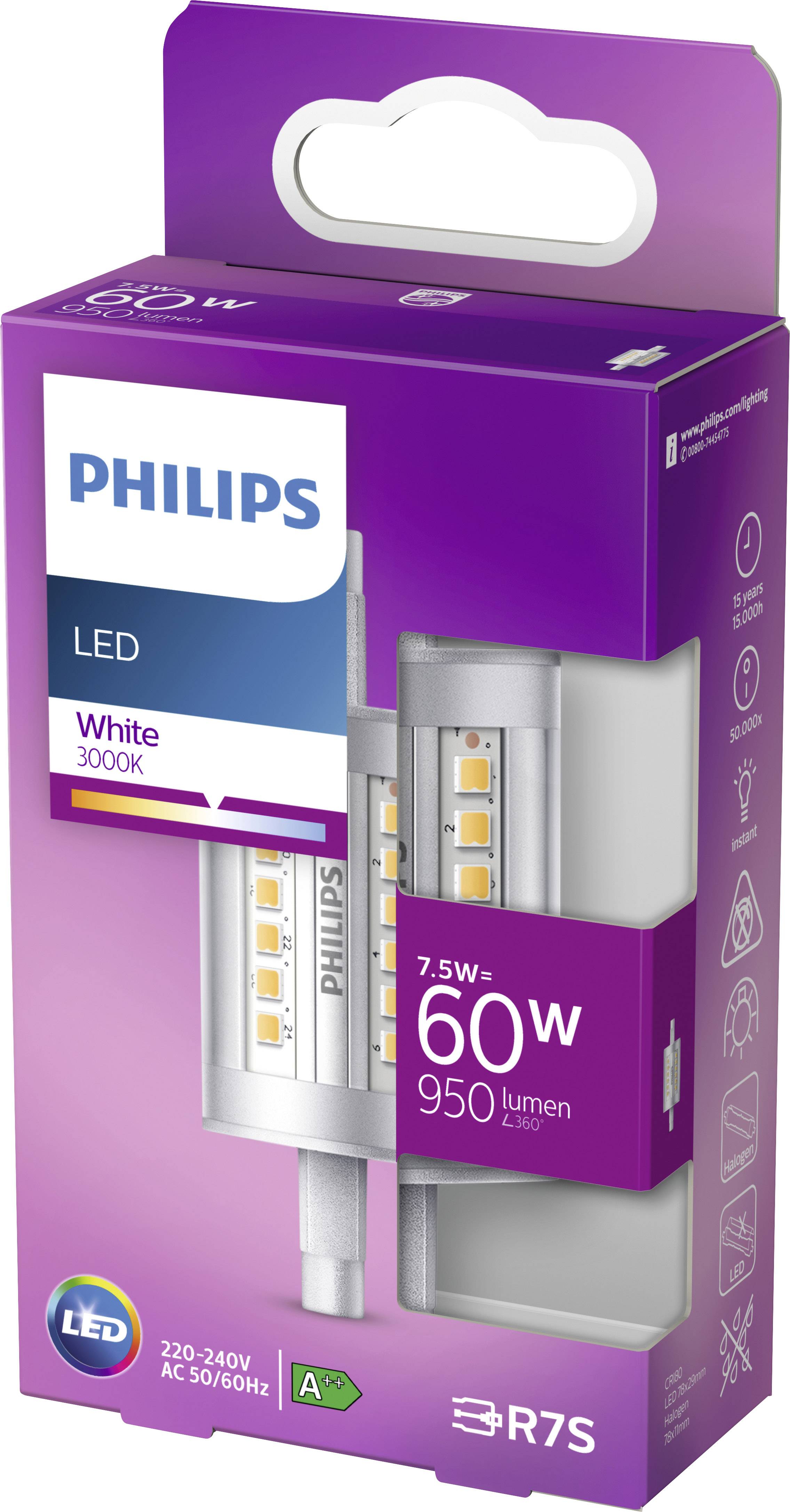 'Lampe LED Philips, 7,5W équivalent 60W, 950 lumens, Blanc chaud 3000K, Classe énergétique A++, Culot R7S.'
