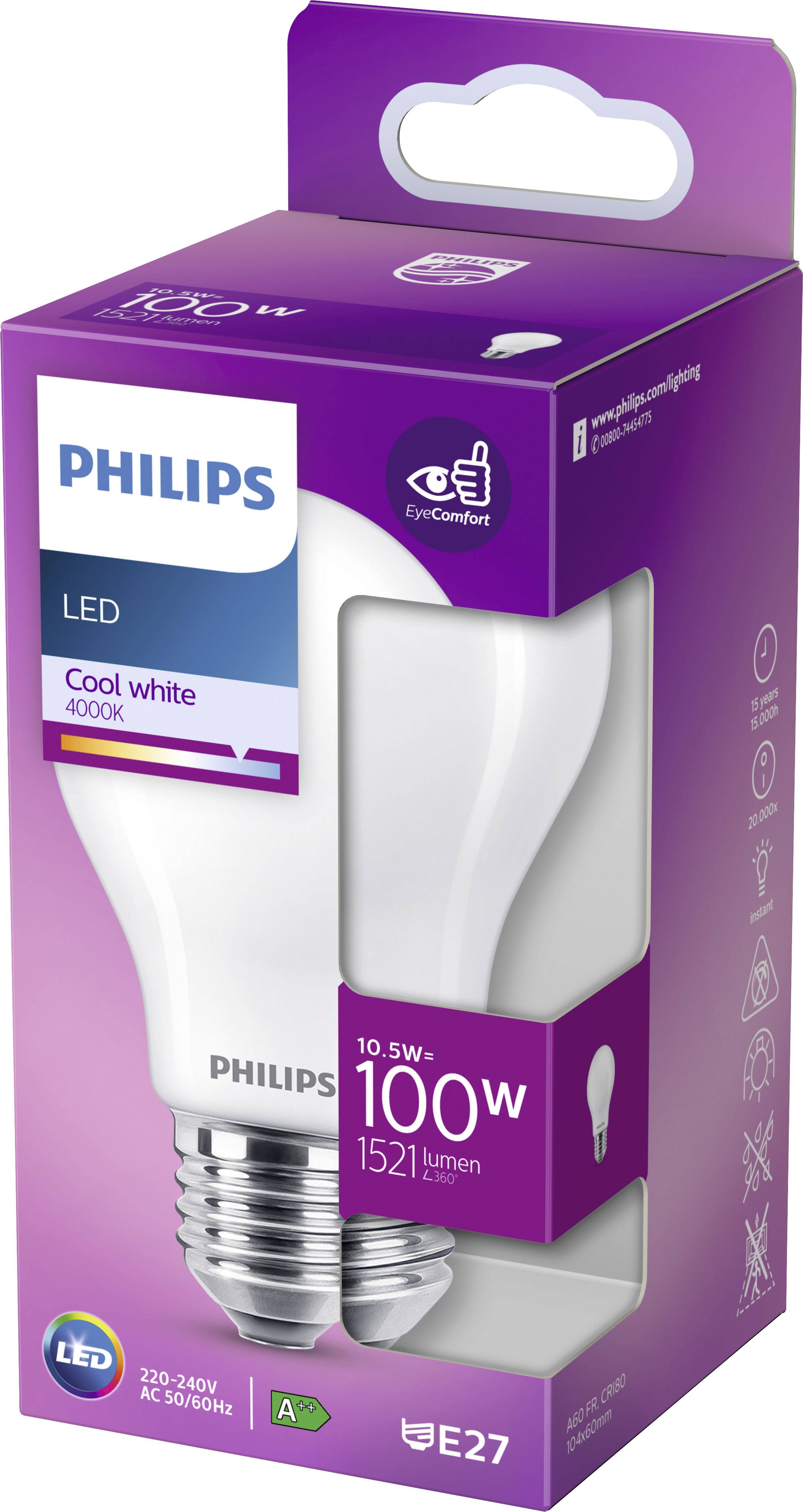 Une ampoule LED Philips dans son emballage, 10,5W, 1521 lumens, 'Blanc froid', Classe énergétique A+ ; Culot E27.
