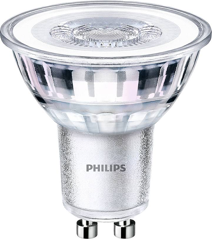 Une ampoule LED Philips avec culot GU10. Boîtier transparent avec réflecteur structuré en haut, adaptée aux spots.
