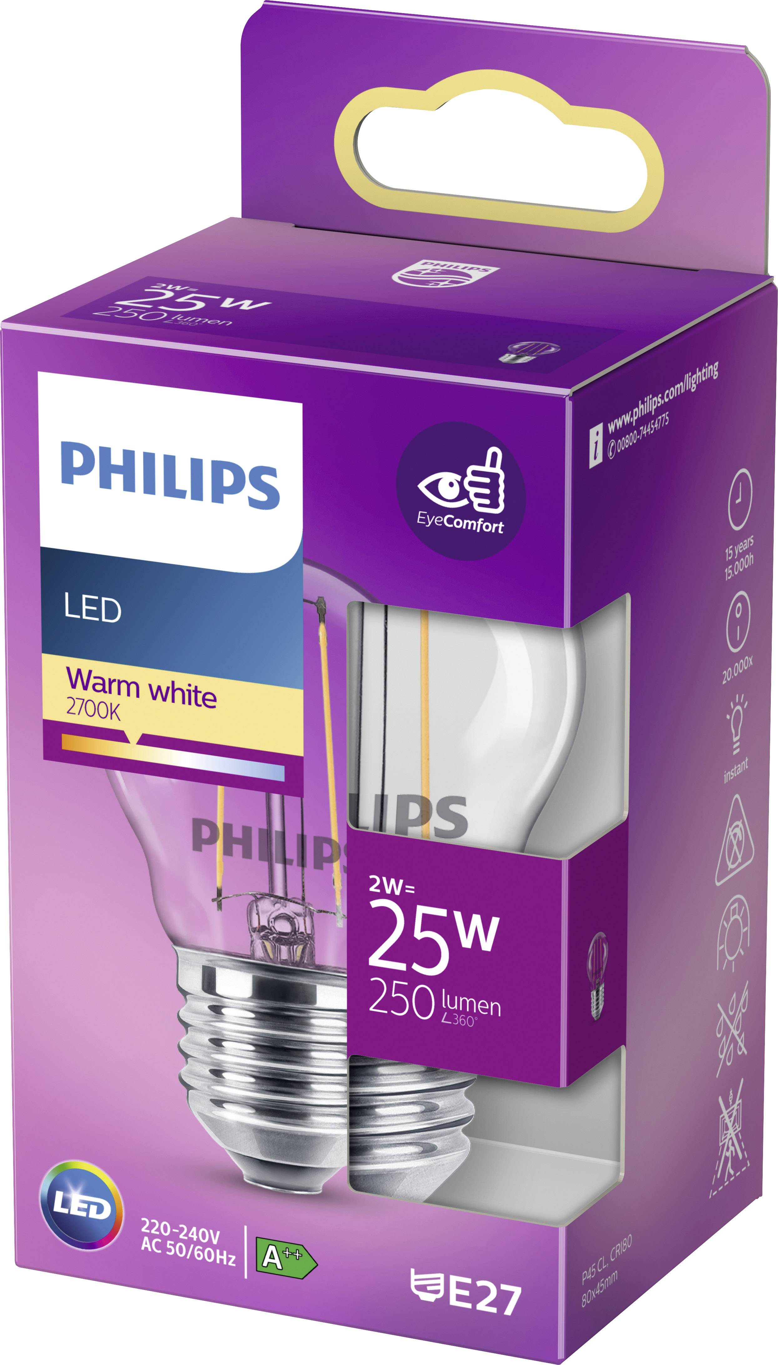 Ampoule LED Philips, blanc chaud, 2700K, 2W-25W, 250 lumens, culot E27. Emballage affichant l'étiquette énergétique A+ et le symbole EyeComfort.