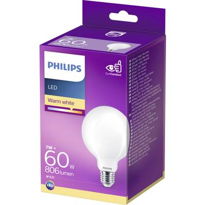 Ampoule Philips LED 7W, Blanc chaud, 806 Lumens, douille E27, avec logo EyeComfort et image de l'ampoule.
