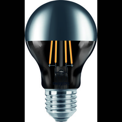 Une ampoule LED avec des filaments apparents, une base argentée et une surface réfléchissante, présentant un look rétro.