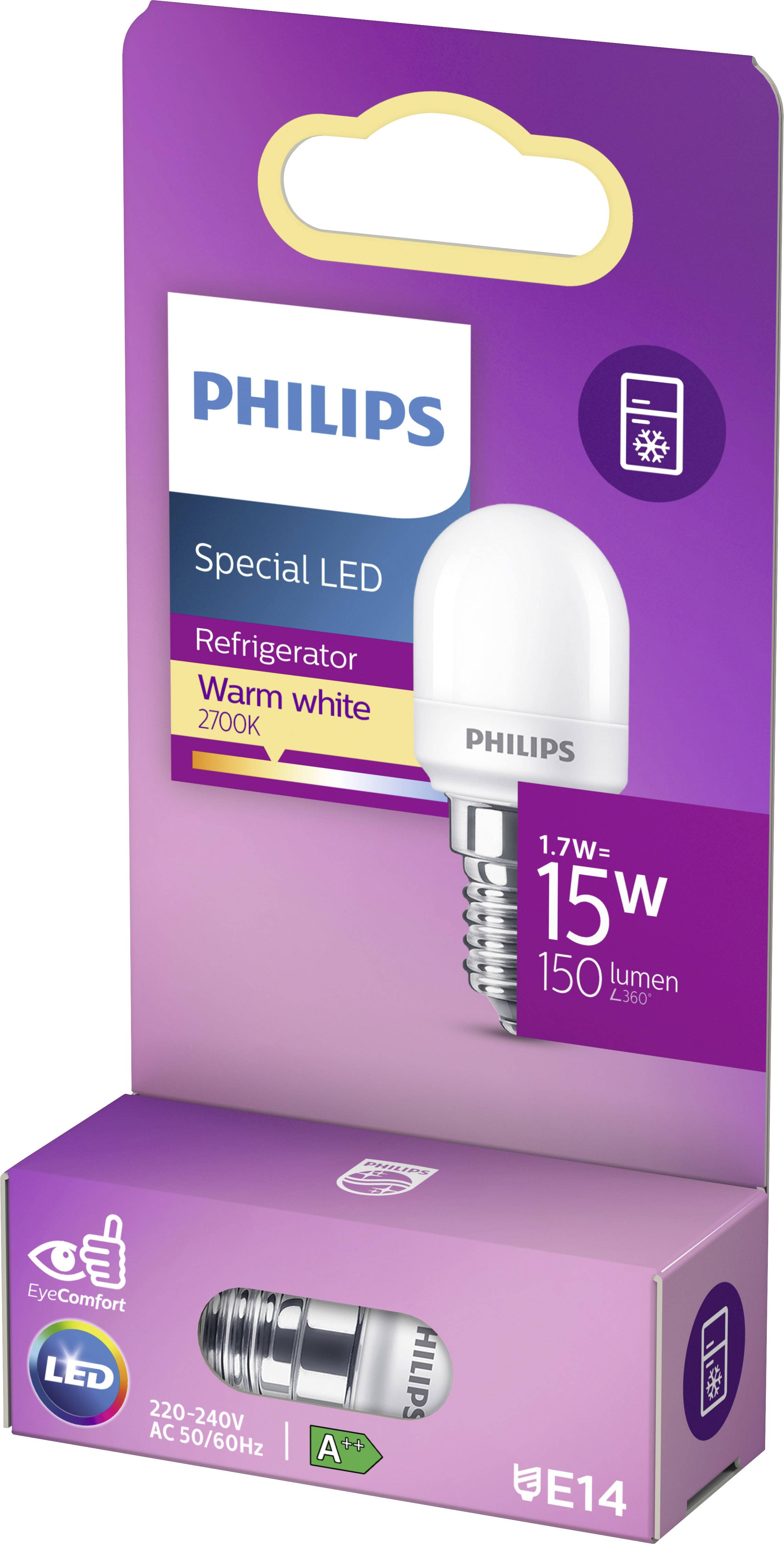 Ampoule LED spéciale Philips pour réfrigérateurs, lumière blanc chaud, 150 lumens, puissance de 1,7W-15W, culot E14, économe en énergie.