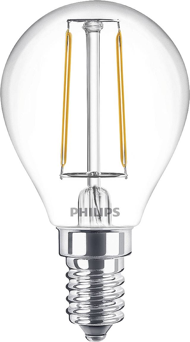 Une ampoule LED transparente avec des filaments lumineux apparents. Texte sur l'ampoule : 'PHINPS'. Elle représente la technologie d'éclairage moderne.