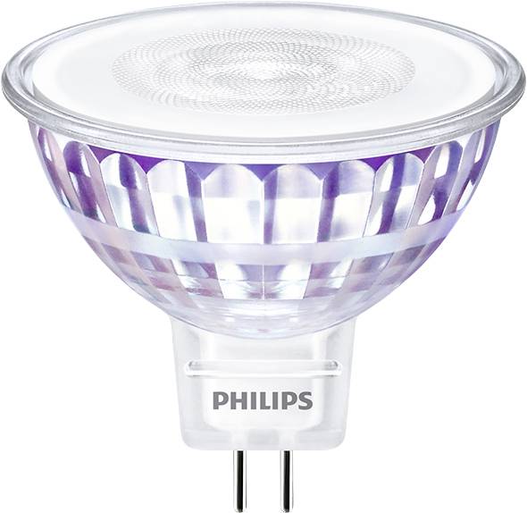 Une lampe LED de Philips, claire et facettée, avec douille GU5.3, utilisée pour un éclairage précis dans les espaces de vie ou de travail.