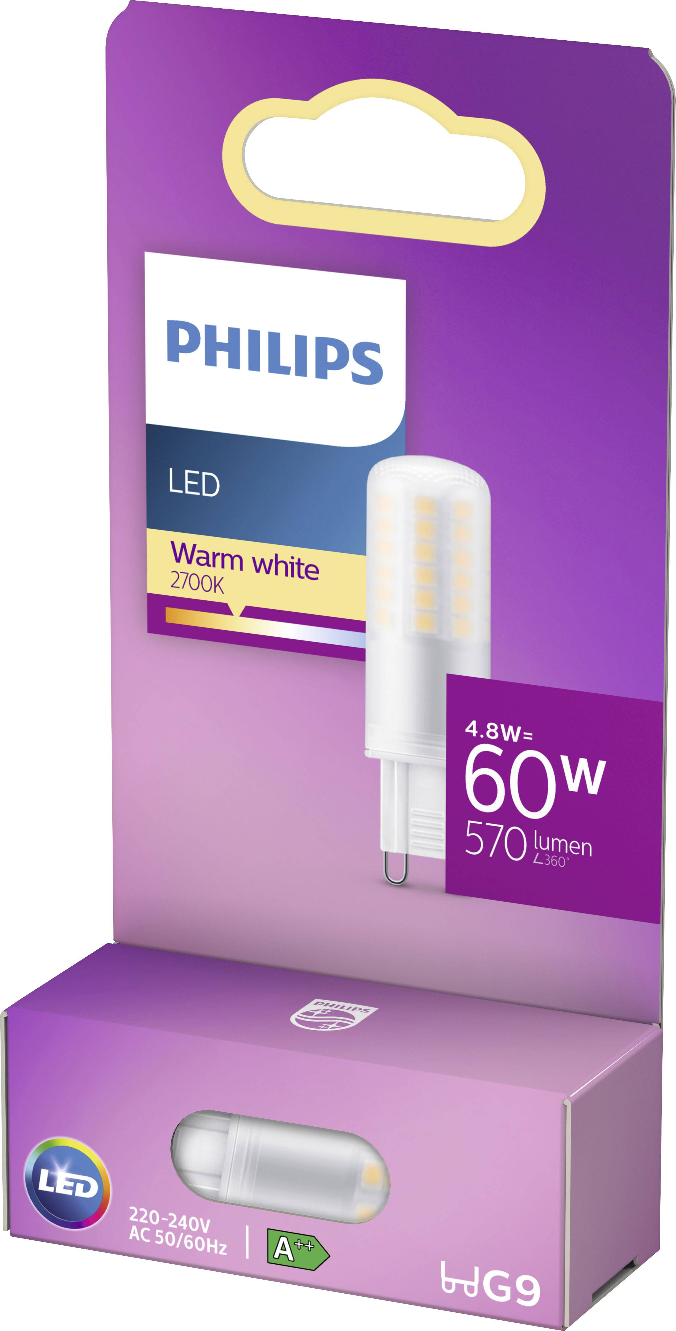 Une lampe LED Philips en blanc chaud (2700K), 4,8W équivalent 60W avec 570 lumens. L'emballage présente l'image du produit et ses spécifications.