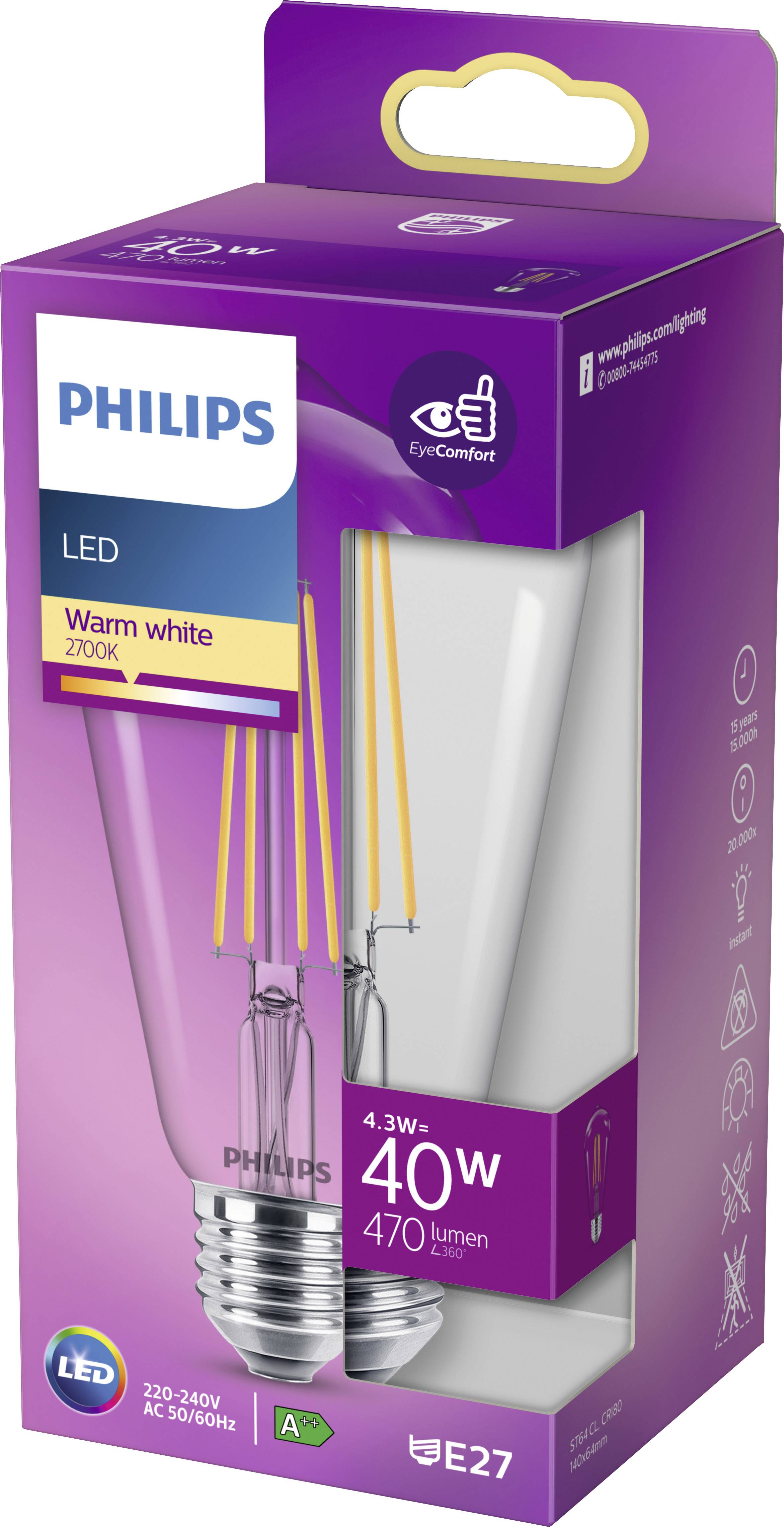 Ampoule Philips, LED, lumière blanc chaud, 4,3W, équivalent 40W, 470 lumens, culot E27, économie d'énergie.