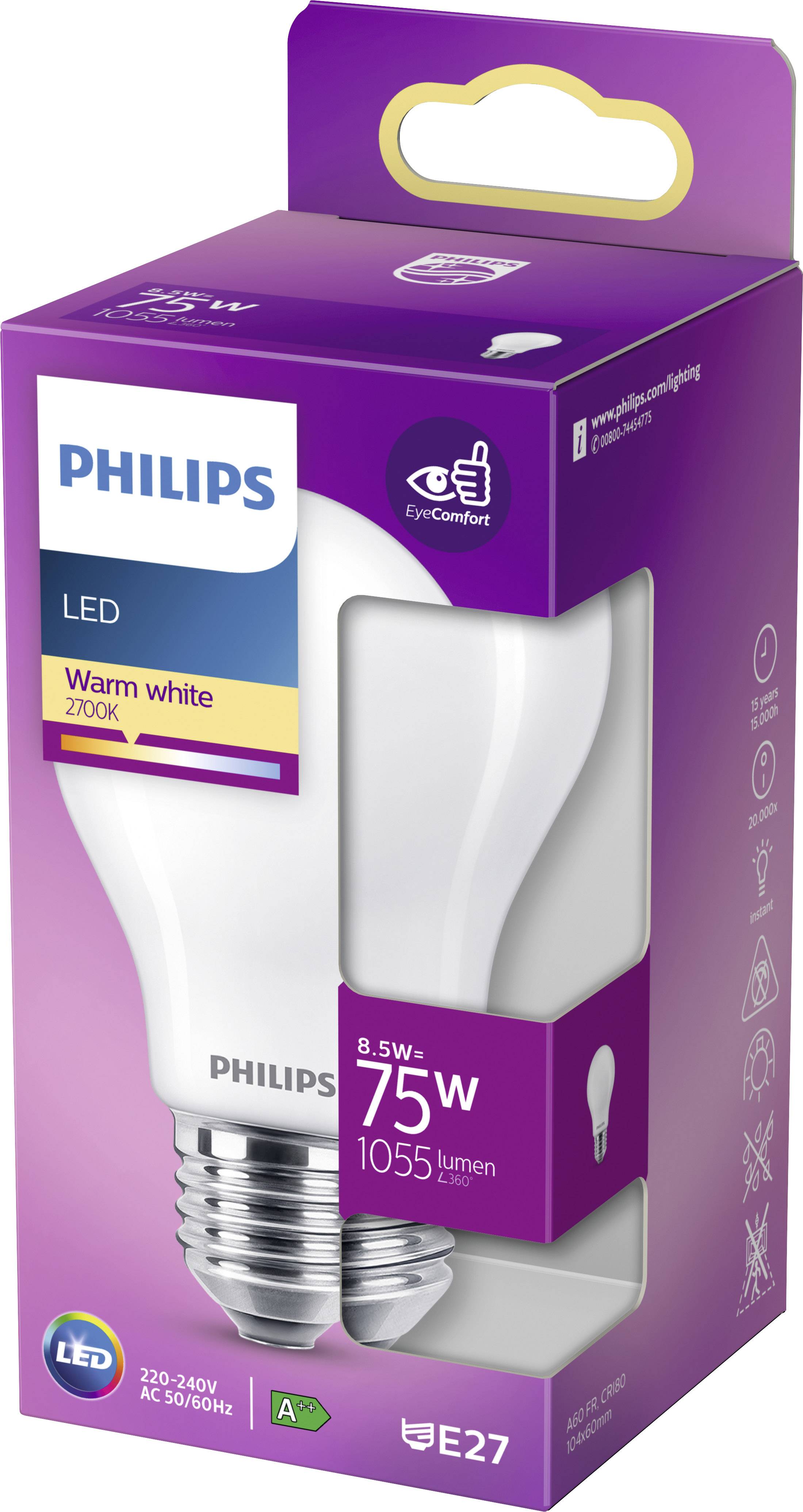 Lampe LED Philips dans un emballage violet ; 8,5W, remplace 75W, 1055 lumens, blanc chaud, douille E27, économe en énergie.