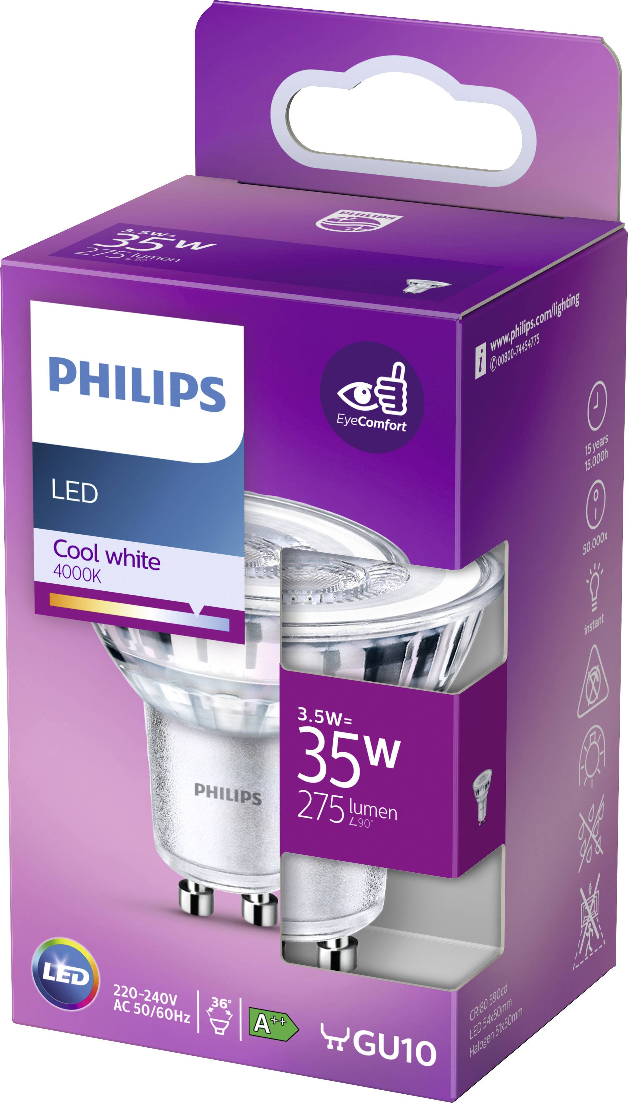 Emballage d'une ampoule LED Philips. 'Blanc froid 4000K', 3,5W, remplace 35W, 275 lumens, culot GU10, adapté pour 220-240V.