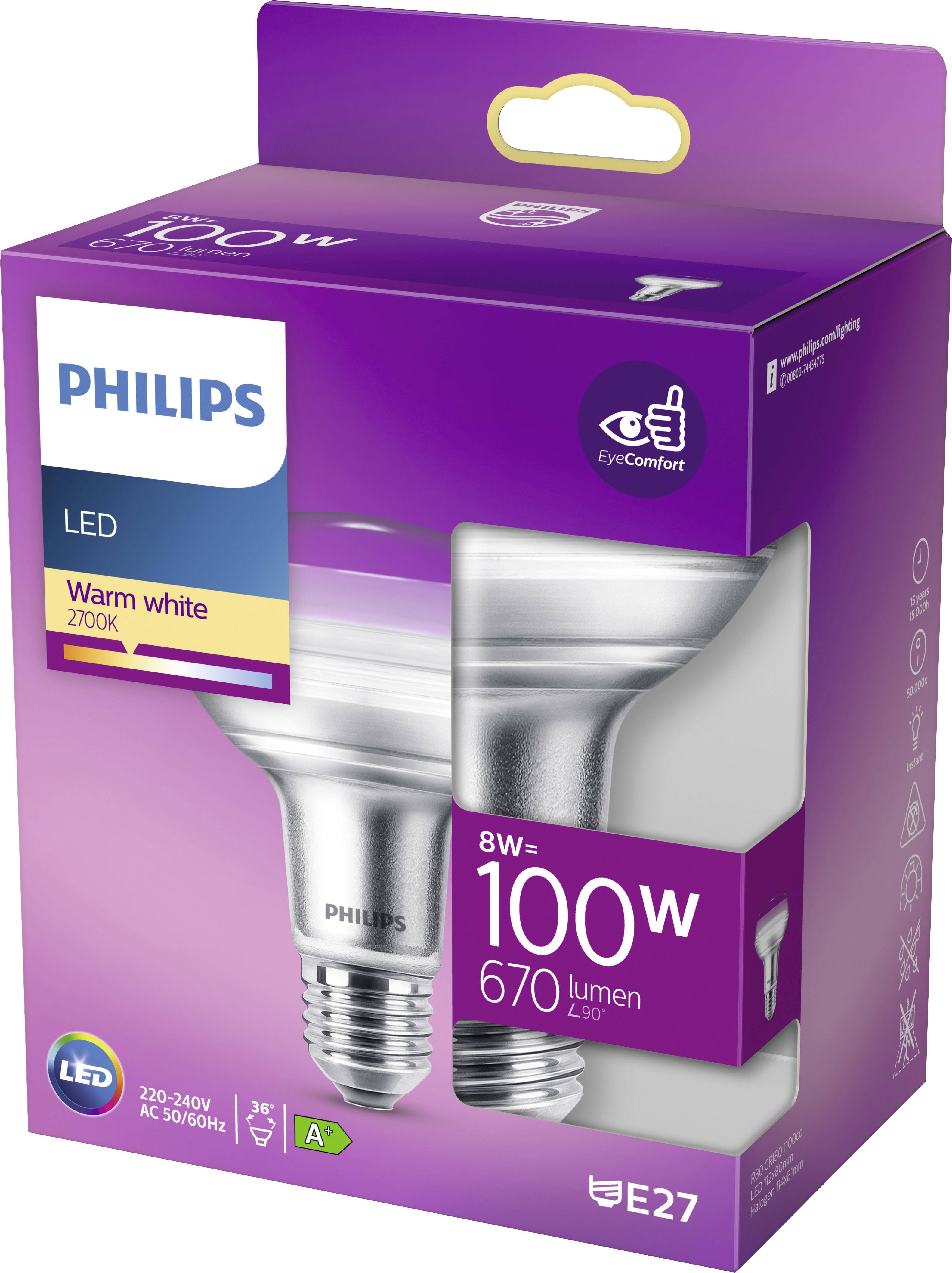 Lampe LED Philips, 8W, équivalent 100W, 670 lumens, blanc chaud, 2700K, E27, classe d'efficacité énergétique A+. Offre une protection pour les yeux.