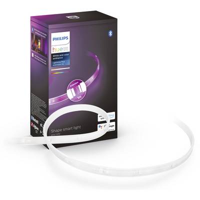 Une barre lumineuse LED Philips Hue à côté de son emballage. L'emballage affiche le logo du produit et la compatibilité Bluetooth.