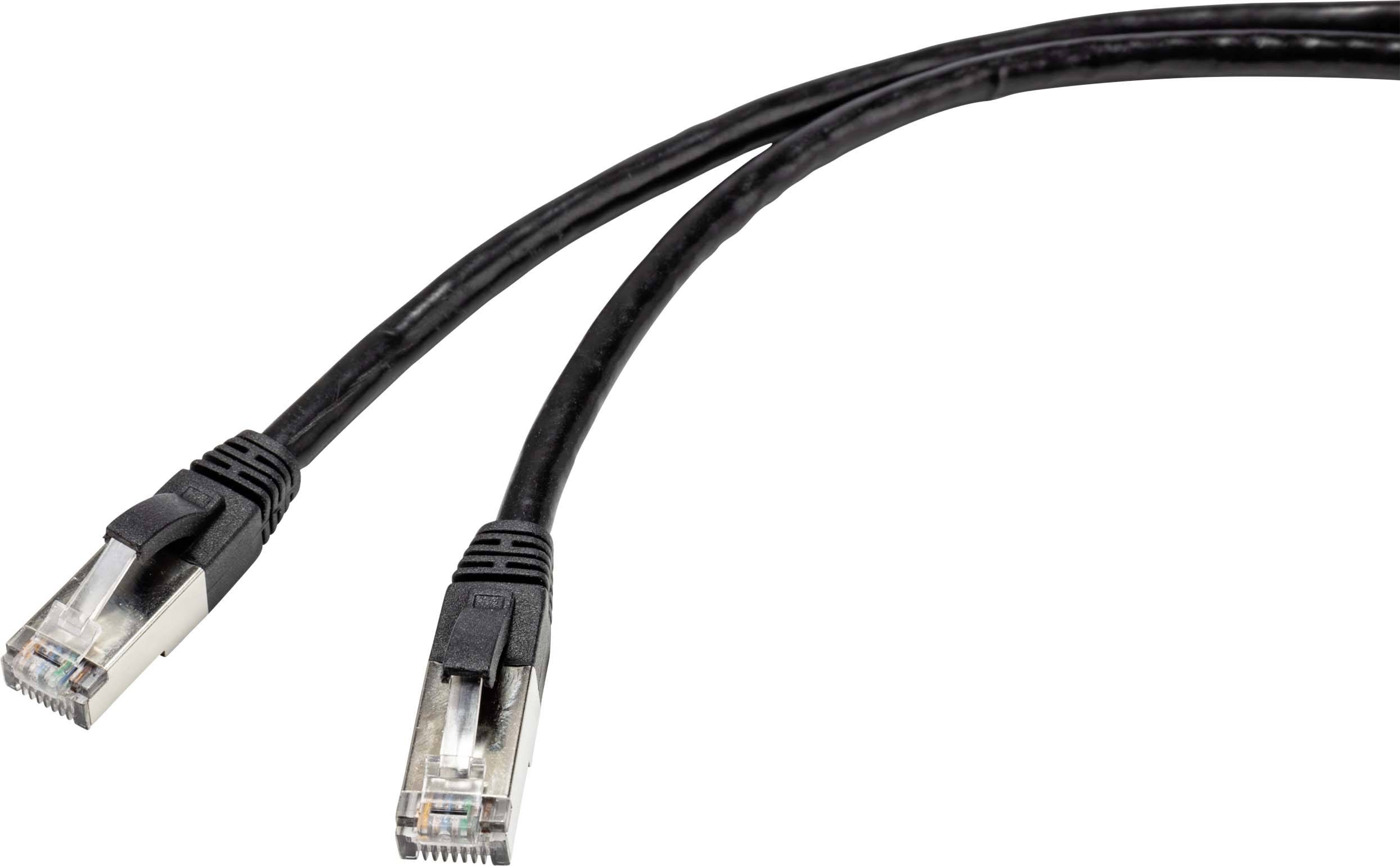 Un câble Ethernet noir avec deux connecteurs RJ45 à chaque extrémité, utilisé pour la connexion réseau entre ordinateurs.